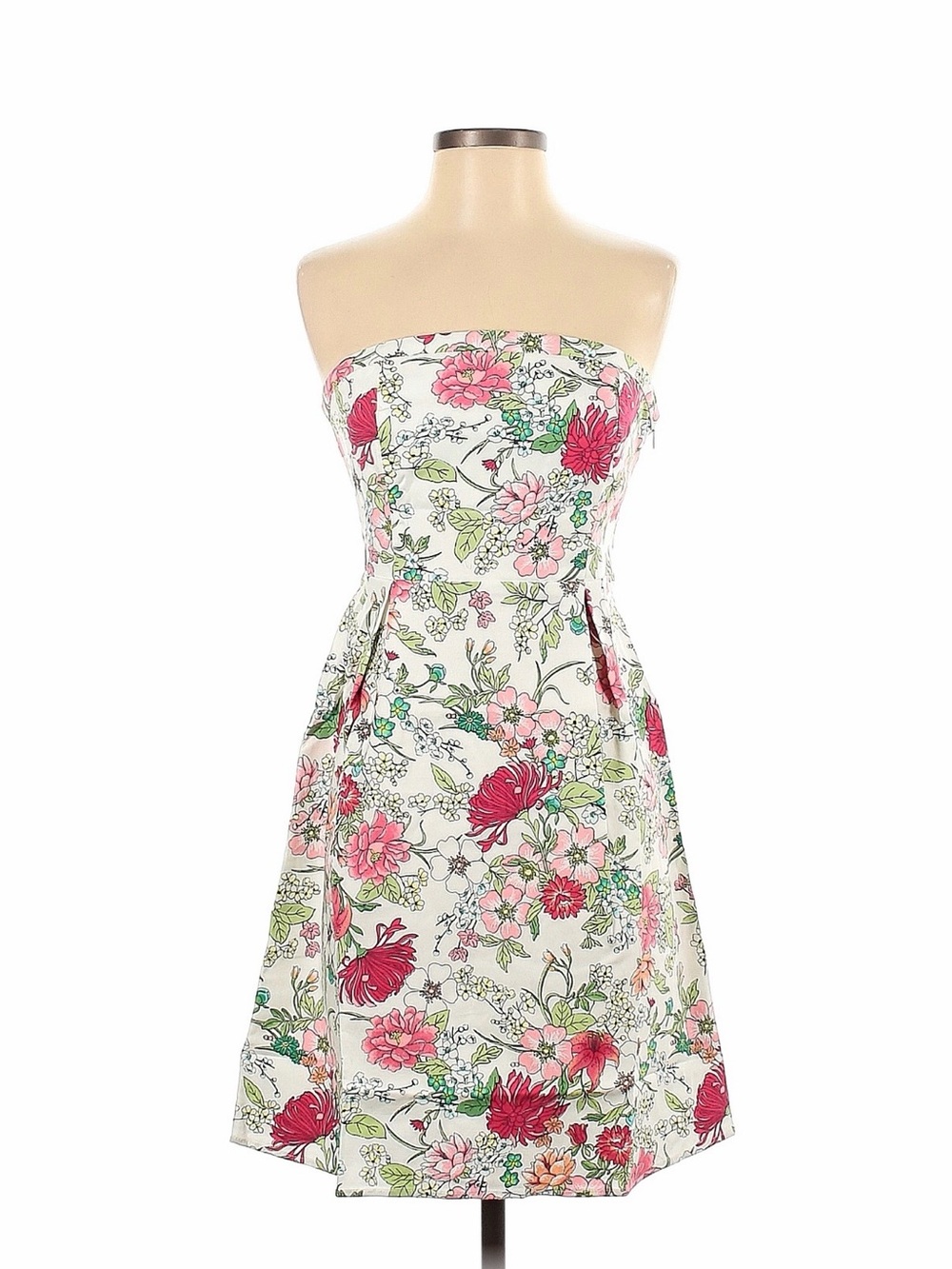 Strapless Floral A-Line Dress in White and Pink